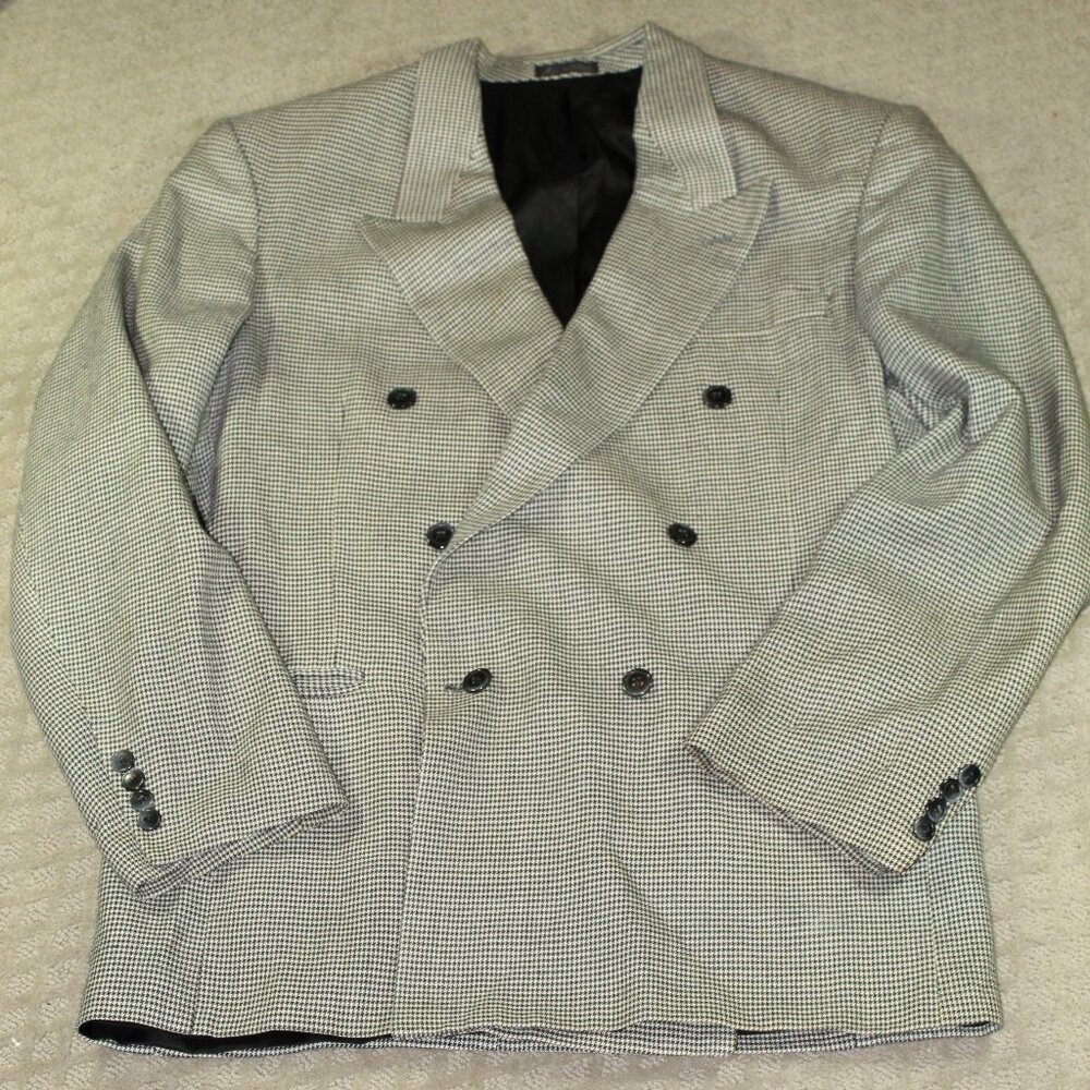 Vtg Cellini Collections Men's 42L Black and White Silk Wool Houndstooth Blazer